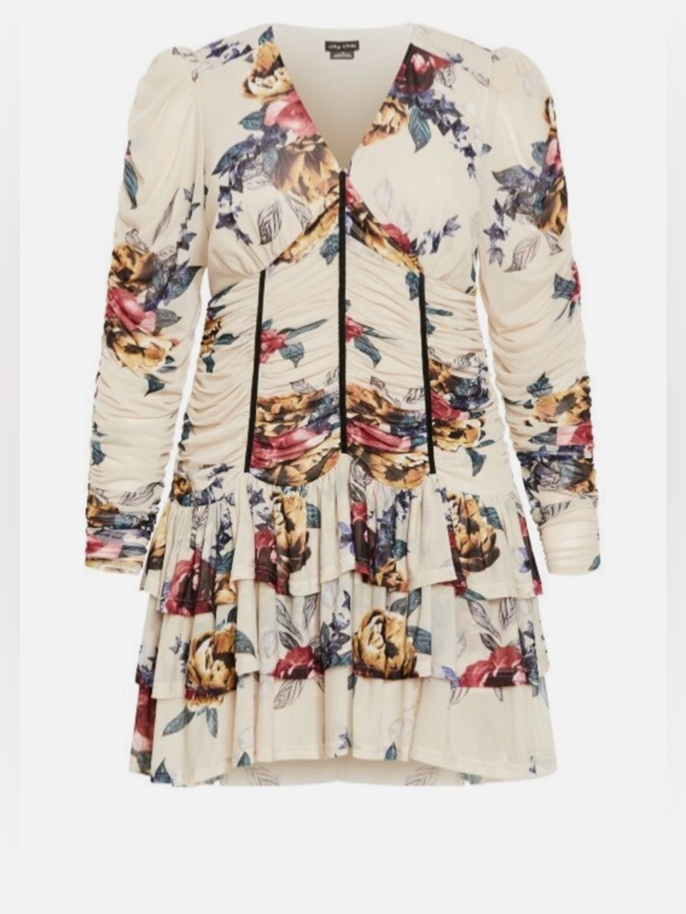 City Chic Cream Mesh Ruche Floral Print Dress Light Late Bloom Plus Sz S/16